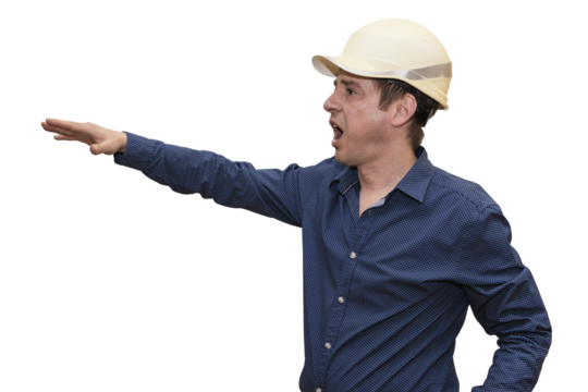 A man in a hard hat points confidently, leading the way with determination and expertise. Isolated.