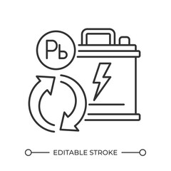 Recyclable batteries linear icon. Rechargeable lead-acid voltage. Low cost energy storage. Waste management. Thin line illustration. Contour symbol. Vector outline drawing. Editable stroke