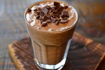 Indulgent chocolate milkshake topped with chocolate chunks, served in a tall glass on a wooden board