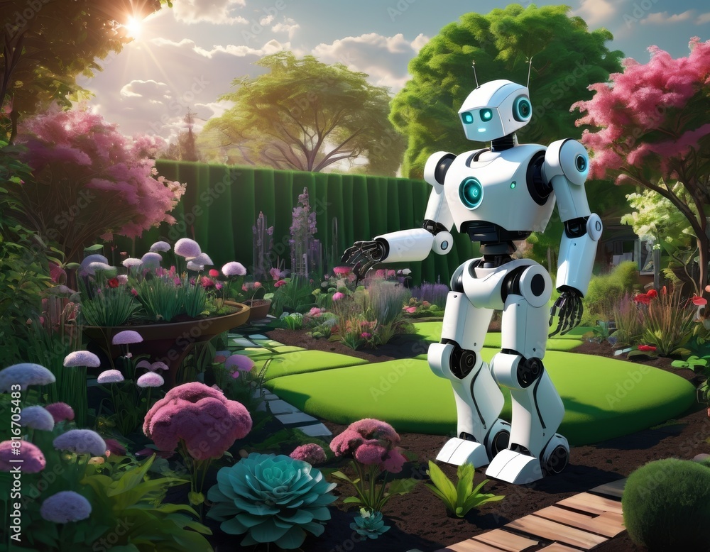 Poster a sleek white robot tends to a vibrant garden, showcasing the blend of nature and advanced robotics.