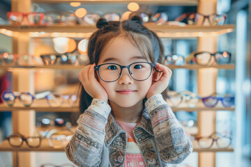 Cute asian girl in eyeglasses shop wearing glasses