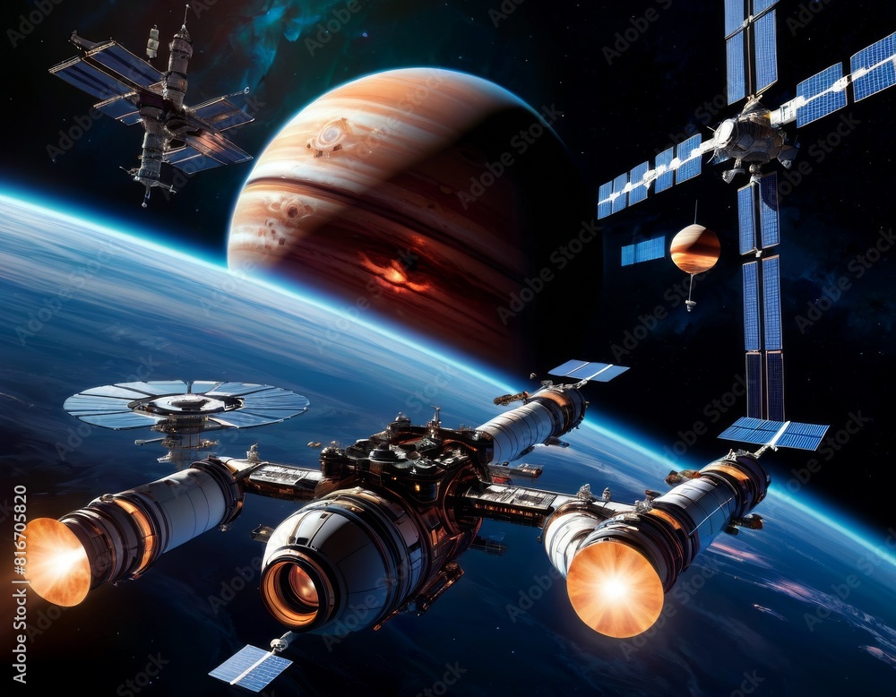 Poster a complex orbital station maneuvers near jupiter, with multiple solar arrays and engines ignited for