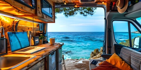 Camper van interior with ocean view laptop and mobile office setup. Concept Camper Van Interior, Ocean View, Laptop Setup, Mobile Office Setup