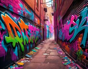Fototapeta premium A colorful explosion of graffiti art lines the walls of a narrow urban alley, reflecting a rich street culture.. AI Generation