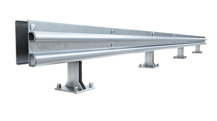 A metal guardrail for road protection, isolated on a white background.