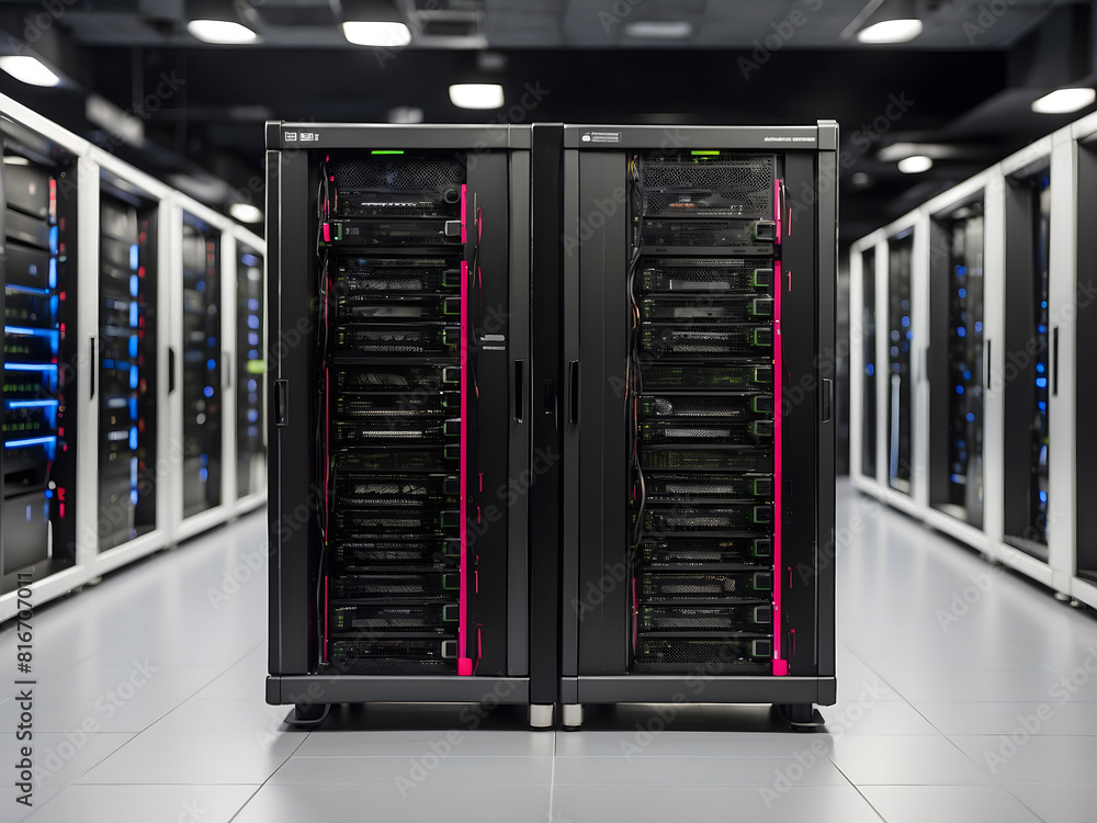 Poster a compact server unit with powerful machines laid in stylish and functional racks design.