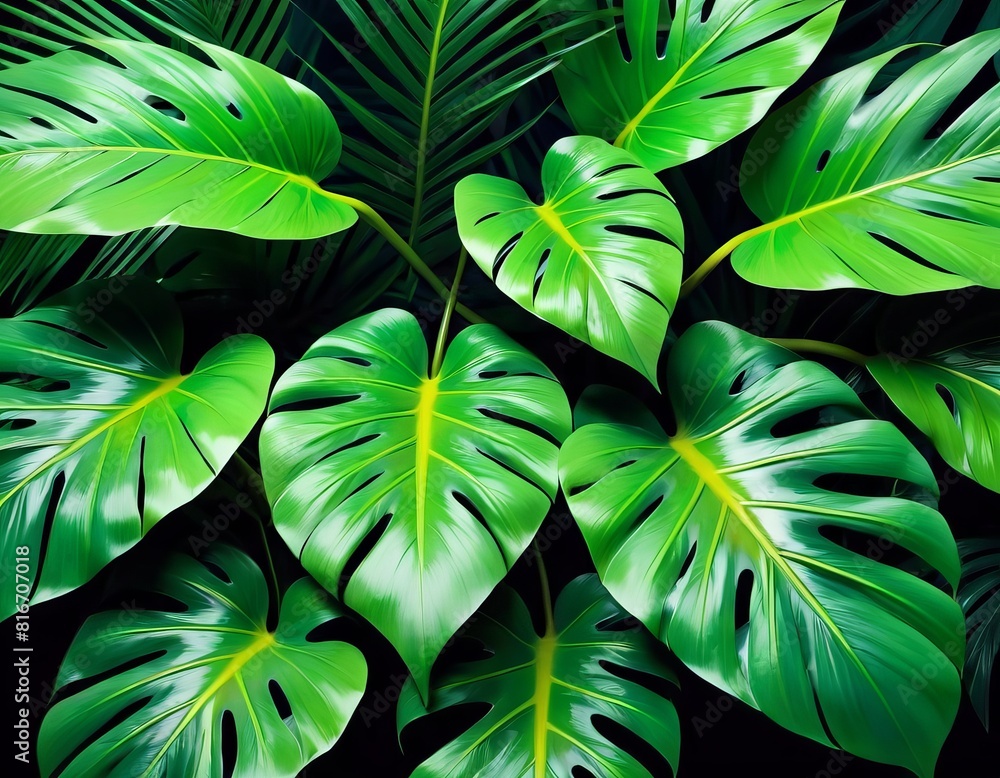 Poster an array of vibrant monstera leaves, their rich green hues and striking patterns filling the frame w