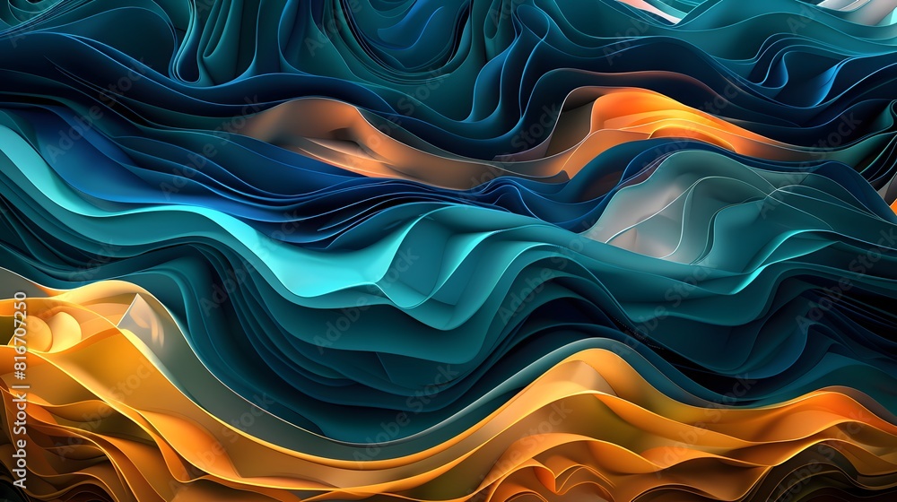 Poster a captivating abstract image with fluid waves in blue, green, and orange, creating a sense of moveme
