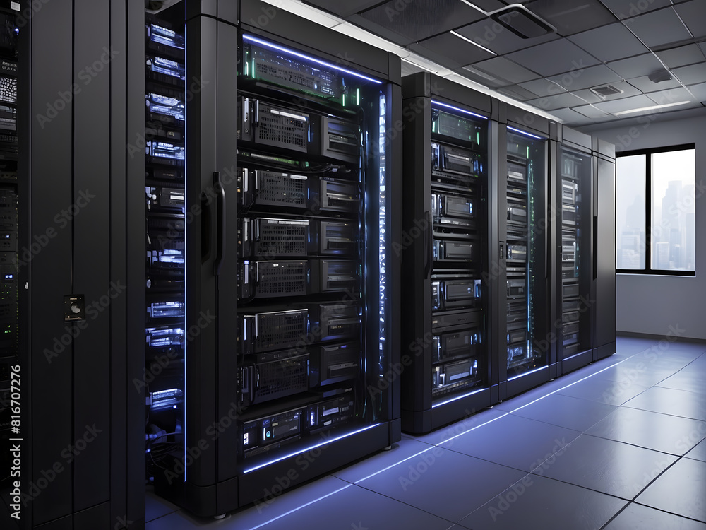 Poster a compact server unit with powerful machines laid in stylish and functional racks design.
