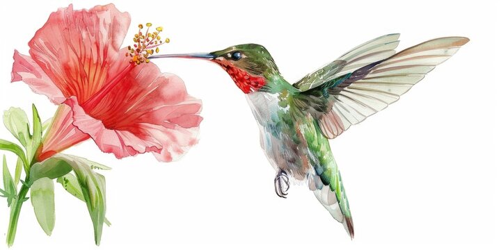 A beautiful watercolor painting of a hummingbird feeding on a flower. Perfect for nature lovers and bird enthusiasts