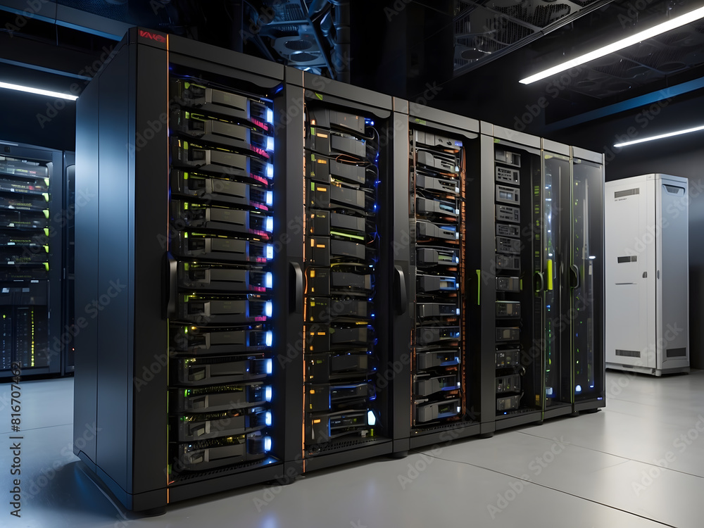 Poster a compact server unit with powerful machines laid in stylish and functional racks design.
