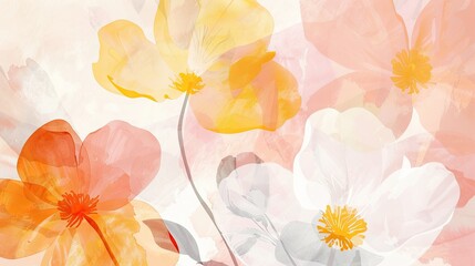 Feminine Floral Art Poster: Light Yellow and Pink Painting, Abstraction-Creation, White and Orange Motifs