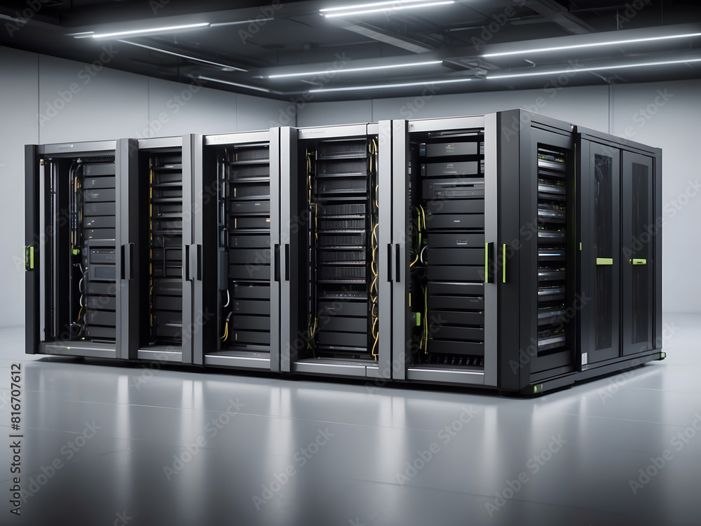 Poster a compact server unit with powerful machines laid in stylish and functional racks design.