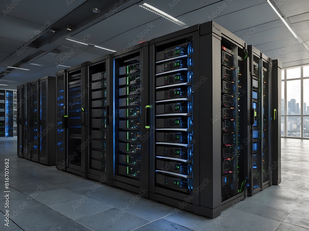 Poster a compact server unit with powerful machines laid in stylish and functional racks design.
