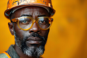 African American man in a yellow helmet and construction glasses