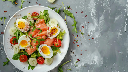 Plate of delicious salad with boiled eggs and salmon 