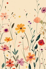 Dreamy Floral Illustration: Colorful Tan Background, Abstract Minimalist Forms, Cute Cartoonish Designs, Soft Hand-Drawn Lines