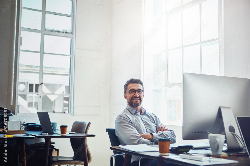 Aufkleber business, man and portrait with arms crossed in office or ready for contact us, crm and faq by compu