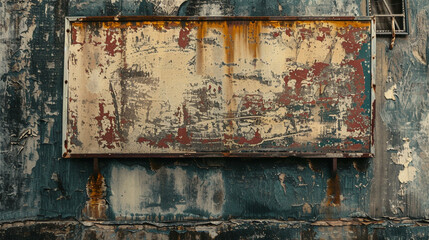 Distressed Vintage Sign An aged and weather-beaten vintage signboard with faded paint rusted metal and chipped edges evoking a sense of nostalgia and history from a bygone era.