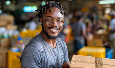 Obraz premium Joyful African American Volunteer Distributing Donated Toys at Charity Center, Smiling Male Holding Donation Box in Busy Warehouse