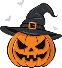 Halloween pumpkin in witch hat character colorful vector illustration in cartoon style isolated