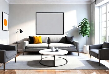 Contemporary living room with gray furnishings and white walls, Sleek gray sofa and armchair against a white backdrop, Modern gray furniture in a white walled living room.