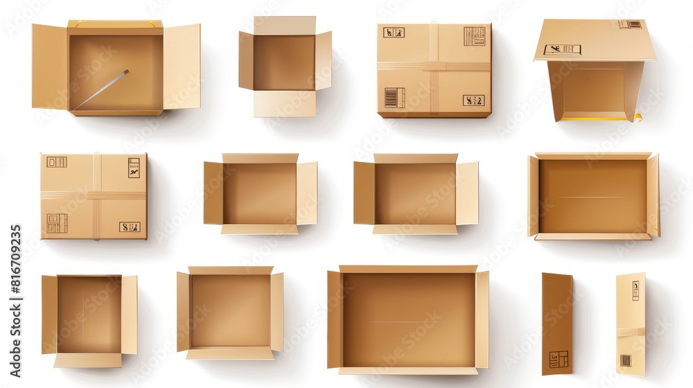 Poster modern mockup of top view of open and closed crates for fragile cargo isolated on white background. 