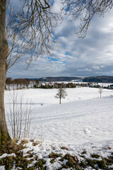 Picturesque winter landscape with a snow-covered field with a blanket of white snow