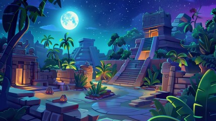 Modern cartoon illustration of an ancient Aztec village at night with a temple, statues, and stone buildings. Exploring a tropical forest and a pyramid of the Mesoamerican Mayan civilization in the