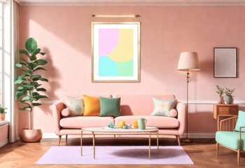 Inviting room with blush-colored walls and sofa, Modern living space with trendy pink theme, Cozy pink living room with soft couch.