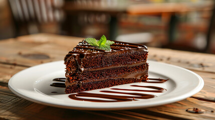 Plate with delicious chocolate cake on wooden table