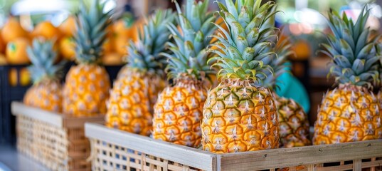Fresh pineapples in baskets  beachside fruit stand warehouse under clear blue sky