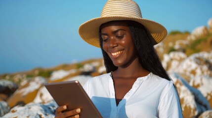 Smiling Woman Using Tablet Outdoors