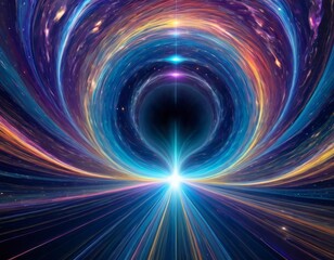 Obraz premium An artist's vibrant depiction of a swirling galaxy with a bright light emanating from a black hole's core, set against a starry backdrop.. AI Generation