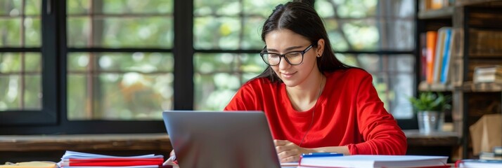 Happy woman studying online at home, smiling while using laptop and notebook at her desk - Powered by Adobe