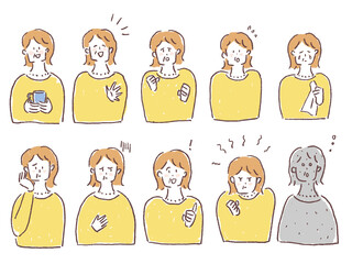 シニア女性の表情、喜怒哀楽セット