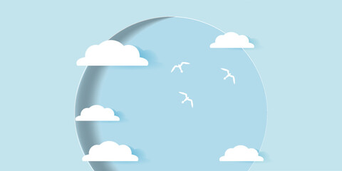 Pink kite with white clouds and birds in the sky. Paper cut out style. Carving art. Vector illustration. EPS 10