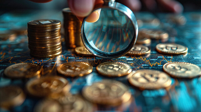 A hand holding a magnifying glass over a stack of gold coins bitcoin on a wooden table with a blue background.