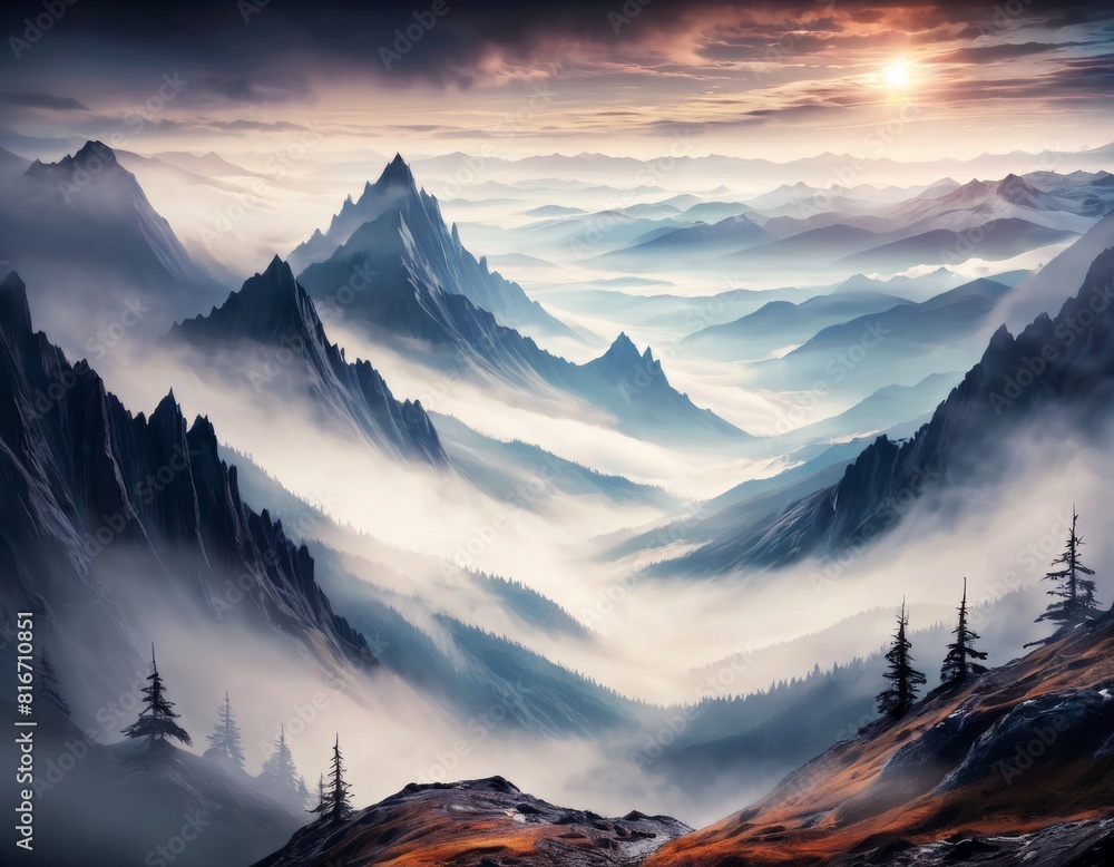 Poster a panoramic view of a breathtaking sunrise over a misty mountain range with silhouetted trees in the