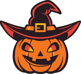 Halloween pumpkin in witch hat character colorful vector illustration in cartoon style isolated