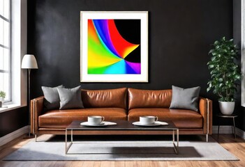 Vibrant abstract wall art creates a focal point in the room, Colorful abstract artwork adorns the living room wall, Bright and bold abstract painting adds color to the room.  