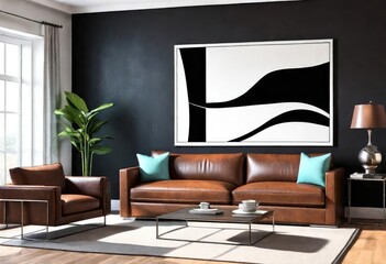Modern grayscale interior with warm brown leather seating, Classic monochrome décor featuring rich leather furnishings, Elegant black and white living room with brown leather furniture.