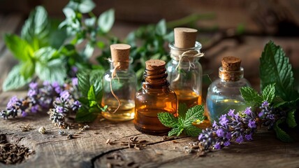 Assortment of essential oil bottles with fresh herbs. selective focus. Generative AI,