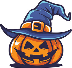 Halloween pumpkin in witch hat character colorful vector illustration in cartoon style isolated