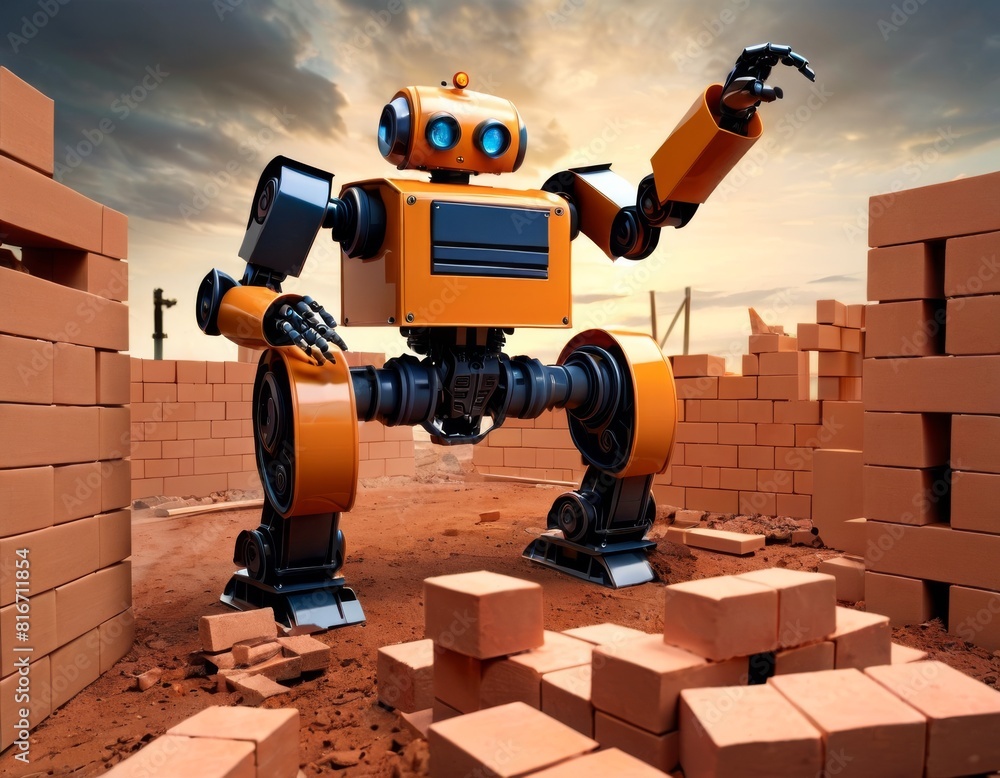 Poster a vibrant yellow robot with multiple limbs actively stacking bricks on a construction site against a