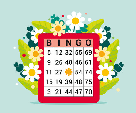 Carton de loterie rouge avec des num&eacute;ros, bingo, loto,tombola, d&eacute;cor&eacute; de feuilles vertes et de p&acirc;querettes, bouquet de fleurs de printemps, illustration vectorielle joyeuse et sympathique