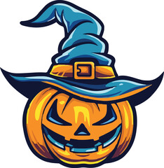 Halloween pumpkin in witch hat character colorful vector illustration in cartoon style isolated