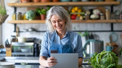 Woman Using Smartphone in Kitchen