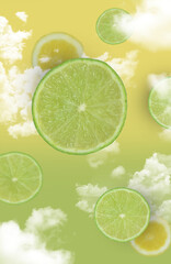 Abstract graphics mixed with photos. Fresh limes and lemons on light green and yellow background with clouds.