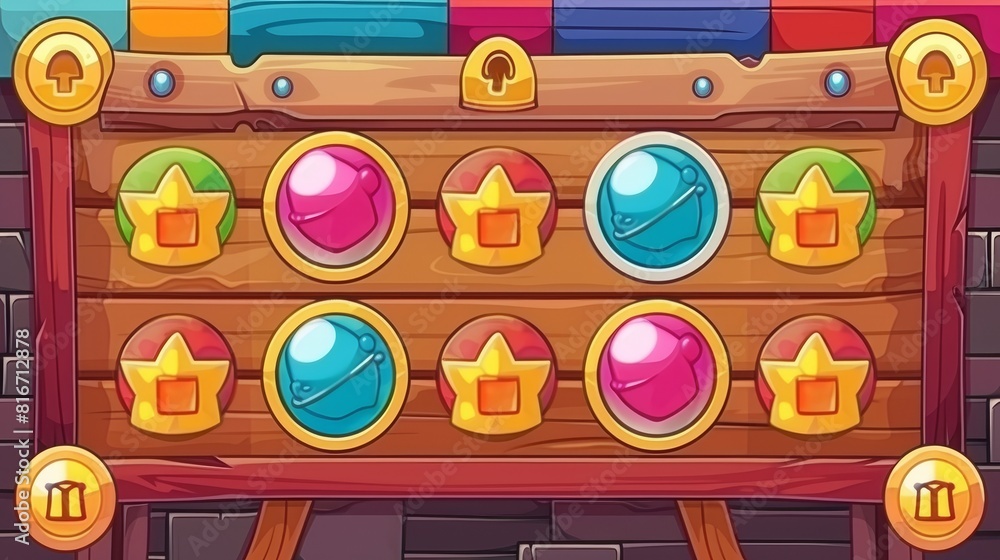 Poster an interface for a game with glossy buttons and panels. this cartoon set of ui elements includes cir